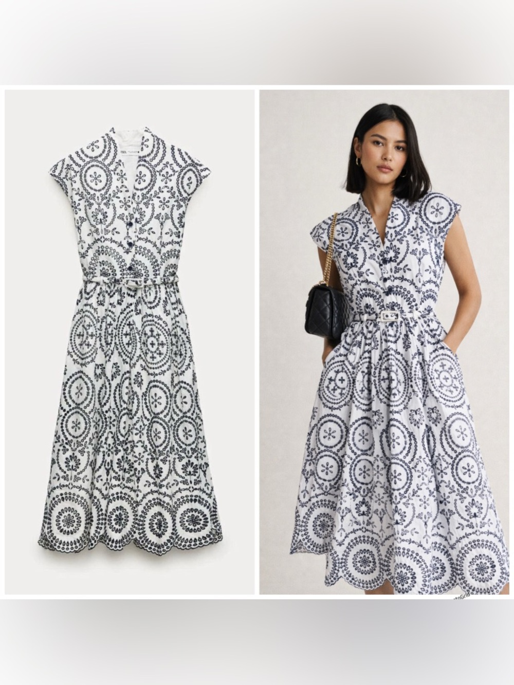 Zara ZW Collection Contrast Embroidery Dress White Navy Size M